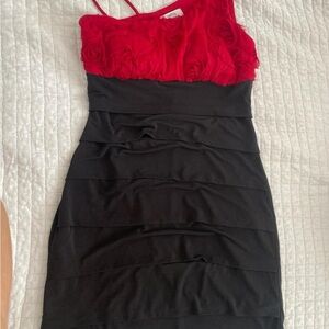 Black and red rose one shoulder above the knee dress